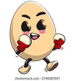 cute egg mascot character practicing boxing wearing boxing glove, isolated vector illustration, work of hand drawn