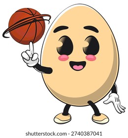 cute egg mascot character spin the basketball with the index finger, isolated vector illustration, work of hand drawn
