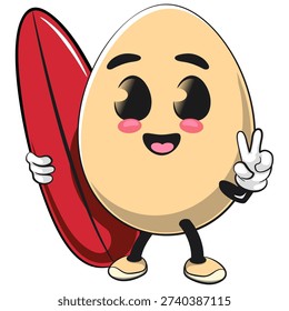 cute egg mascot character with surfboard and gave a peace sign, isolated vector illustration, work of hand drawn