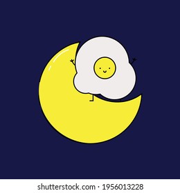Cute egg on crescent moon Illustration. junk food. fast food. modern simple food vector icon, flat graphic symbol in trendy flat design style. wallpaper. lockscreen. pattern. frame. children.