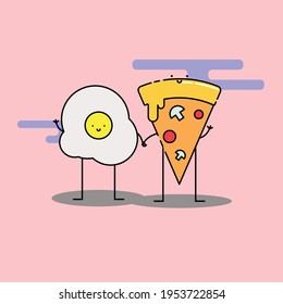 Cute egg and pizza hold hand Illustration. modern simple food vector icon, flat graphic symbol in trendy flat design style. Food character.