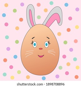 Cute egg rabbit on a pink background with polka dots. Easter holiday. Joyful character for children. Vector illustration isolated.