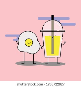 Cute egg and soft drink hold hand Illustration. modern simple food vector icon, flat graphic symbol in trendy flat design style. Food character.