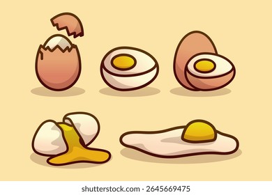 Cute Egg Vector Set. Boiled, Fried, Cracked Egg Icons in Colorful Cartoon Style for Breakfast and Food Design