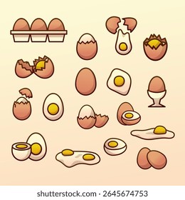 Cute Egg Vector Set. Boiled, Fried, Cracked Egg Icons in Colorful Cartoon Style for Breakfast and Food Design