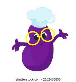 A cute eggplant baby in a chef's hat stands with his arms apart and smiles happily. Carrot has eyes, face and hands, he is very cute. Character design for baby products, textiles and packaging.