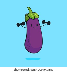 Cute eggplant cartoon character doing exercises with dumbbells. Eating healthy and fitness. Flat retro style concept illustration