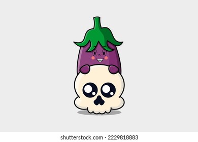 Cute Eggplant cartoon character hiding in skull illustration in flat modern design