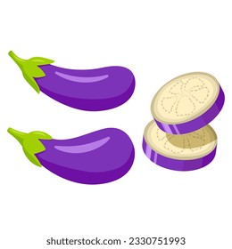 Cute Eggplant cartoon icon.Food vegetable.Whole eggplant and slices.Aubergine vegetarian food.Healthy food design.Isolated on white background.Cartoon vector illustration.