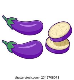 Cute Eggplant cartoon icon.Food vegetable.Whole eggplant and slices.Aubergine vegetarian food.Healthy food design.Isolated on white background.Cartoon vector illustration.