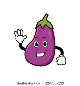Cute eggplant cartoon mascot character smiling. Vintage doodle style illustration concept