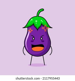 cute eggplant character with angry expression. mouth wide open. green and purple. suitable for emoticon, logo, mascot