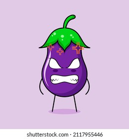 cute eggplant character with angry expression. eyes bulging and grinning. green and purple. suitable for emoticon, logo, mascot