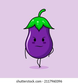 cute eggplant character with cool expression. green and purple. suitable for emoticon, logo, mascot