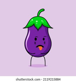 cute eggplant character with disgusting expression and tongue sticking out. green and purple. suitable for emoticon, logo, mascot and icon