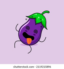 cute eggplant character with dizzy expression, rolling eyes, lie down and tongue sticking out. green and purple. suitable for emoticon, logo, mascot and icon