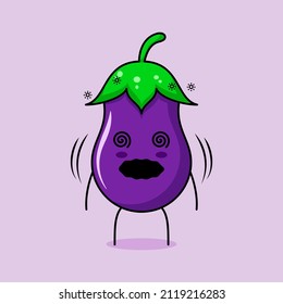 cute eggplant character with dizzy expression and rolling eyes. green and purple. suitable for emoticon, logo, mascot and icon