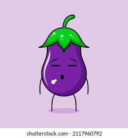cute eggplant character with flat expression. green and purple. suitable for emoticon, logo, mascot