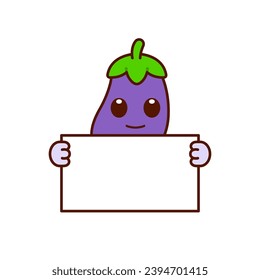 Cute Eggplant Character Holding a Blank Sign