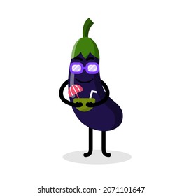 cute eggplant character holding coconut water illustration design