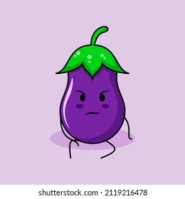 cute eggplant character with intimidation expression and sit down. green and purple. suitable for emoticon, logo, mascot