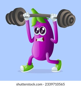 Cute eggplant character lifting weights. Perfect for kids, merchandise and sticker, banner promotion or blog

