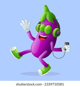 Cute eggplant character listening to music. Perfect for kids, merchandise and sticker, banner promotion or blog
