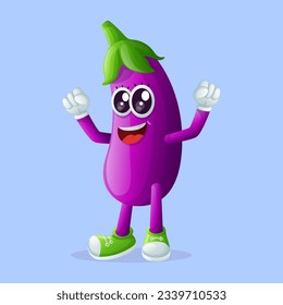 Cute eggplant character making a victory sign with his hand. Perfect for kids, merchandise and sticker, banner promotion or blog
