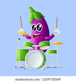 Cute eggplant character playing drum. Perfect for kids, merchandise and sticker
