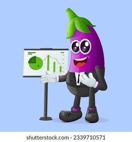 Cute eggplant character presenting financial reports. Perfect for kids, merchandise and sticker, banner promotion or blog
