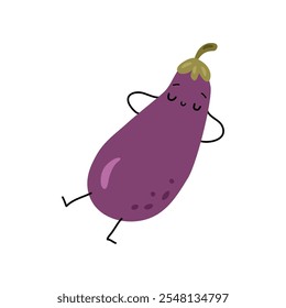 Lindo personaje de berenjena duerme y sueña, descansa. Vector de dieta vegetal para veganos y vegetarianos. Producto alimenticio orgánico saludable aislado. Divertido personaje de dibujos animados. Personaje de berenjena relajado