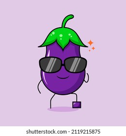 cute eggplant character with smile expression, black eyeglasses, one leg raised and one hand holding glasses. green and purple. suitable for emoticon, logo, mascot or sticker