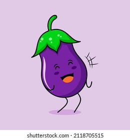 cute eggplant character with smile and happy expression, close eyes and mouth open. green and purple. suitable for emoticon, logo, mascot and icon