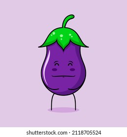 cute eggplant character with smile and happy expression, close eyes, both hands on stomach and smiling. green and purple. suitable for emoticon, logo, mascot and icon