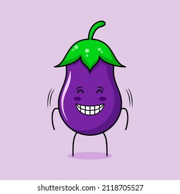 cute eggplant character with smile and happy expression, close eyes and smiling. green and purple. suitable for emoticon, logo, mascot and icon