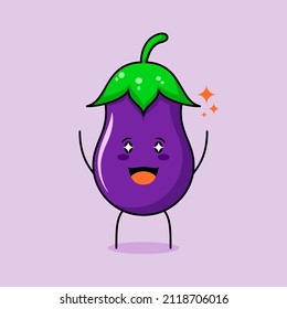 cute eggplant character with smile and happy expression, two hands up, mouth open and sparkling eyes. green and purple. suitable for emoticon, logo, mascot and icon