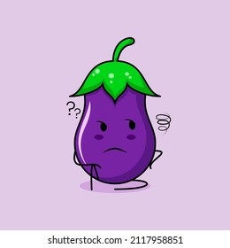 cute eggplant character with thinking expression and sit down. green and purple. suitable for emoticon, logo, mascot