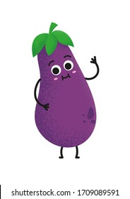 Cute eggplant character vector illustration. Flat eggplant cartoon character waving. Minimal purple eggplant fruit design for children books.