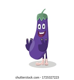 Cute eggplant character vector illustration. Flat eggplant cartoon character waving. Minimal purple eggplant fruit design for children books.
