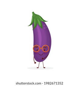 Ilustración vectorial de carácter de berenjena. Caricatura de berenjena plana ondeando. Diseño minimo de frutas de berenjenas moradas para libros infantiles.