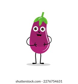Cute eggplant character vector illustration. Flat eggplant cartoon character waving. Minimal purple eggplant fruit design for children books. Eggplant cartoon character.