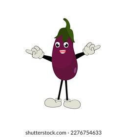 Cute eggplant character vector illustration. Flat eggplant cartoon character waving. Minimal purple eggplant fruit design for children books. Eggplant cartoon character.