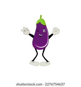 Cute eggplant character vector illustration. Flat eggplant cartoon character waving. Minimal purple eggplant fruit design for children books. Eggplant cartoon character.