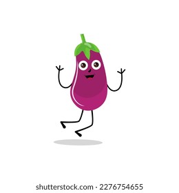 Ilustración vectorial de carácter de berenjena. Caricatura de berenjena plana ondeando. Diseño minimo de frutas de berenjenas moradas para libros infantiles. Caricatura de berenjena.