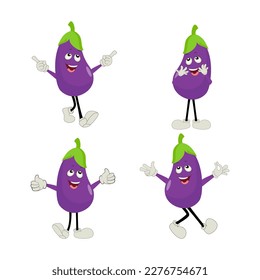 Ilustración vectorial de carácter de berenjena. Caricatura de berenjena plana ondeando. Diseño minimo de frutas de berenjenas moradas para libros infantiles. Caricatura de berenjena.