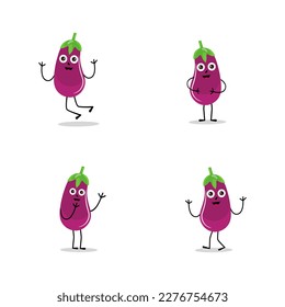 Cute eggplant character vector illustration. Flat eggplant cartoon character waving. Minimal purple eggplant fruit design for children books. Eggplant cartoon character.