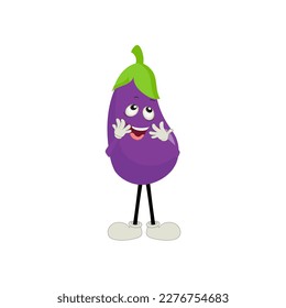 Ilustración vectorial de carácter de berenjena. Caricatura de berenjena plana ondeando. Diseño minimo de frutas de berenjenas moradas para libros infantiles. Caricatura de berenjena.