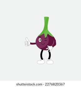 Cute eggplant character vector illustration. Flat eggplant cartoon character waving. Minimal purple eggplant fruit design for children books. Eggplant cartoon character