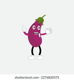 Cute eggplant character vector illustration. Flat eggplant cartoon character waving. Minimal purple eggplant fruit design for children books. Eggplant cartoon character
