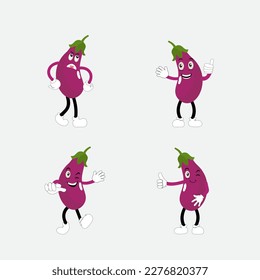 Cute eggplant character vector illustration. Flat eggplant cartoon character waving. Minimal purple eggplant fruit design for children books. Eggplant cartoon character